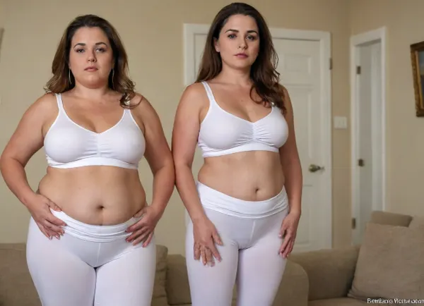 two obese mature women, (women on the left is Lubica, stepaunt, Mature, a married 65 year old gilf with small sagging breasts, beautiful eyes, long hair, brunette, wide, hips, fupa, hoop earrings, cameltoe, curvy, plump, obese, saggy, hanging breasts), (women on the right has a shorter obese body, chubby, and thick, saggy, wide, hips), in a living room, looking at viewer seductively, eye contact with viewer, Wearing, white highwaist yoga pants, sleeveless white spaghetti strap v neck tee shirts, braless, covered, nipples, tt_saggy, tt_flat, plump, fat, realhips, wide, hips