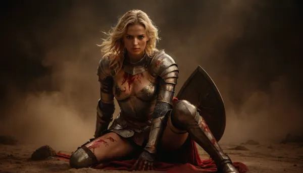 Full-body view of a slender, flat-chested, sexy blonde knight after a bloody battle. Her clothes are torn from battle, her armor broken. Covered in blood and sweat, she is passionately vaginally casual sex with a proud knight in armor but without a helmet. Various sexual positions with an attractive knight against the backdrop of a detailed battlefield that disappears into blur. Perfect face, perfect hands, It is a late summer afternoon. The sun is low and illuminates the scene from behind. Sunbeams break beautifully through the smoke. Orgasm, satisfied, gratified, smiling. The focus is on the couple, The entire image is technically designed to create dramatic atmosphere contrasted to the battle. DonM1uth3rXL, sunlight_str1, <lora:tbh71-sdxl:.5>, <lora:sunlight_str1-SDXL_v1-dim64-steps1691:2>