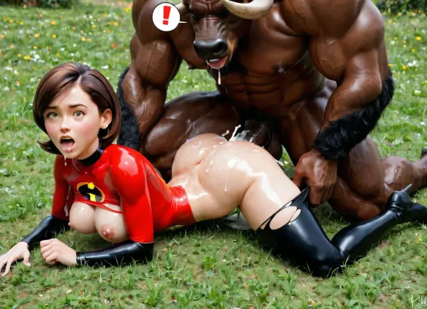 helen parr, elastigirl, the incredibles costume, fucked by minotaur, fucked from behind, split sex, vaginal sex, sex, creampie, impregnation, wide eyes, one knee on grass, one hand on grass, one leg above head, one hand trying to push minotaur away, cum everywhere, oiled body, motion lines, drooling, exclamation mark, lot of cum, bouncing breast line, tight clothes, ripped clothes, ripped clothes at breasts, ripped clothes at ass, ripped clothes at vagina, nipples visible, vagina visible, wasp waist