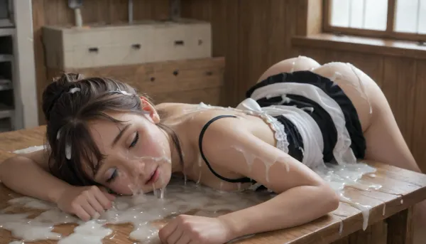 insanely hot, light hair in updo, hd eyes, (Hyuuga hinata), highly detailed face, cute, teenager, (young:1.8), well tanned skin, dark tan, french maid outift, torn dress, big butt, lying on kitchen table, passed out, asleep, eyes closed, knocked out, head leaning against a wicker basket, left for dead, used, abused, degraded, defiled, humiliated, covered in excessive cum, cum drenched, cum all over her body, cum on clothes, cum covered face, face drenched in cum, cum in hair, super massive geyser internal cumshot, super massive cum puddle, lots of cum, cum on breasts, extreme cum play, cum on thigh, cum on hair, cum on face, cum dump, excessive cum, huge creampie, (cum covered:2), woman, cum, on, face, maid, hhwiafu, full body view, <lora:JustCum:1.1>, <lora:754990_training_data:2>, <lora:xl_cute_maid_dress-1.0:1.6>, <lora:Hinata Hyuuga:2>