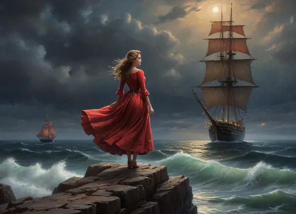 girl in fluttering tattered and torn medieval ragged dress stands on high cliff above sea, stormy sea in the right part of frame, sailing ship with scarlet sails on the horizon, girl looking out to sea, gale force winds, girl looking at sailing ship with scarlet sails, view from distance, (oil painting in Aivazovsky style, night, nighttime, low lighting, highly detailed figure, at night, darkness)