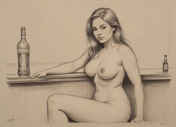 score_9, score_8_up, score_7_up, A detailed pencil drawing with clean lines and meticulous shading, sketch of a nude woman with long flowing hair, she is sitting at a bar, golfing a glass, staring at the glass, background is be simple, allowing the focus to remain on the portrait itself, soft features, and a serene expression. The drawing should have delicate shading and intricate details, capturing the essence of the subject with fine pencil strokes, drawing, by, NTY, v0ng44g, sk3tch, .8>, <lora:sketch_it:1.3>, she is curvy, sexy, small tits, thick waist, wide hips, big ass, fat thighs, chubby