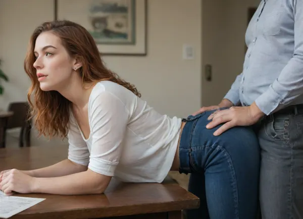 Real photo, focused on women, clothed couple, doggystyle, on a table, side view, rubbing, man is back her
Woman wearing jeans, 18 years old, redhead, she is lie face down on the table