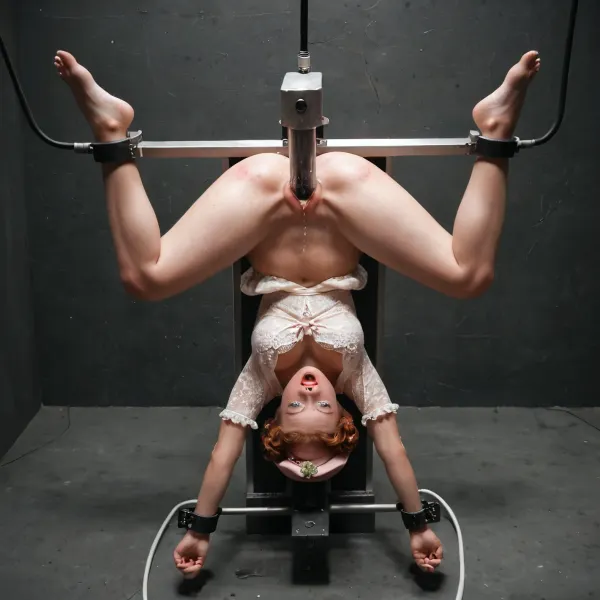 (((Mary Poppins))), (traditional dress), hat, hangs upside down, suspended from outstretched spread feet, many medical electrodes are connected to her body, she screams with pleasure, overwhelming orgasm, xcross, from, front, behind, metal, steel, iron, chrome, tied, smachine, restrained, bound, bdsm, vaginal, object, insertion, outstretched, arms, cowboy, shot, dildo, sex, machine, sex-machine, squirting, Stocks, Pose, Cuffs, on, Ankles, and, thigh, Wrists, busted, breasts, ass, whip, marks, in a futuristic setting, display, control panel, <lora:BondageXcrossV1--In Stocks Pose:.6>