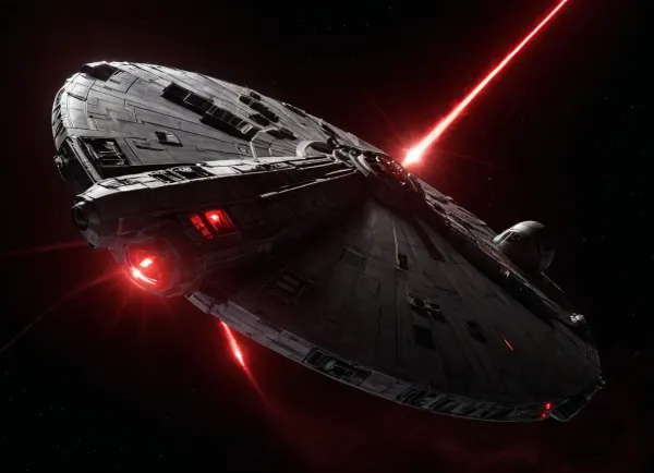 In the Galaxy far far Away, (Star Wars), in Space, Bright Stars Background, Millenium Falcon, (Flighting Effects, Speed Effects, Red Lasers Shots), Side View from Above, <lora:dark:.5>