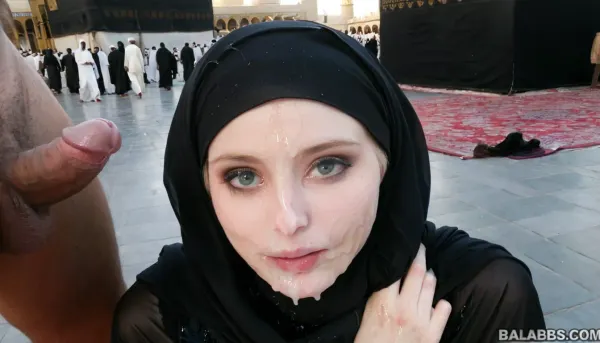 (wearing black hijab), realistic face, very messy hijab, pale skin, in front of kaaba, <lora:JustCum:1.4>