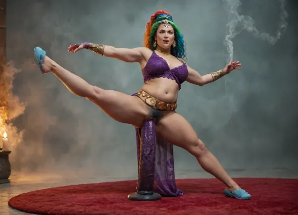 cinematic, close-up, 10-15x zoom, A magical Genie woman in a glass dome being surrounded by orange green blue smoke with a red rug long rainbow hair is levitating lifting both legs in the air, raising her hands to showing her strength, enjoys swirling orange smoke with gauntlets made of smoke while having extreme pussy penetration by gigantic dildo, twisting blue smoke, swirling green smoke, (solo, girl, woman, 24yo, Genie, long rainbow hair, bells on belt, (highly detailed face), square chin, wide nose, fat cheeks, dimples, eyes open wide, excited, serious, well-balanced, short, plump, stocky abs, hairy pussy, tanned skin, magical, strong, wise, artist, levitating, (splits:1.4), having extreme pussy penetration by gigantic dildo made of smoke, no anal, raising both legs off ground, purple lace dress, golden headpiece, belly dancing belt, wrist gauntlets made of orange smoke, blue ballet slippers made of smoke, (highly detailed background), smoke in foreground, smoke, fog, swirling smoke, gold coins, candles, twisting smoke, gauntlets made of smoke, red rug, gigantic dildo made of smoke), romantic lighting, dynamic camera angle, telephoto lens
