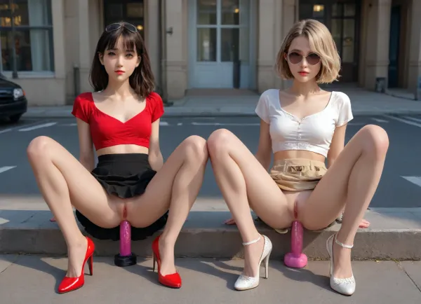 raw, Intricate Details, petite face, (skinny:1.2), thin long legs, slim waist, (2girls), luxury sunglasses, multi colored high heels, skirt, street, tall, sitting, spread legs, anal, (use dildo deep in ass anal), anal misionary, front view, top view