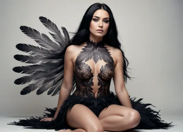 fullbody, woman 32 years old with short neck, very long black curvy hair, A double-exposure illustration in which a woman face is overlaid with raven feathers, blending human features with skin elements. she sits, #©KITTYART


#©KITTYART