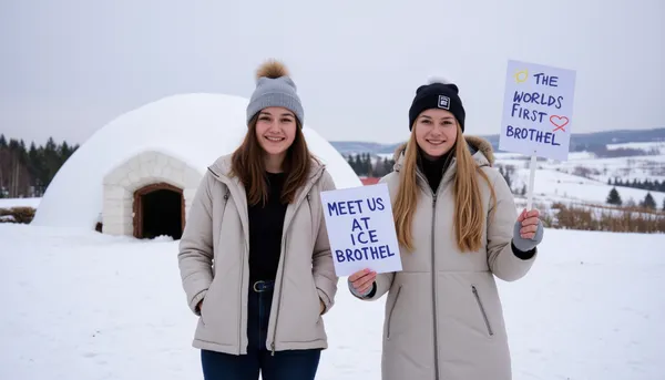 A snowy winter landscape with a igloo. Two young women, different haircolors, wearing winter coatS, bobble hatS, gloves, smiling, one is holding a sign with text "MEET US AT", the other one is holding a sign with "THE WORLDS FIRST ICE BROTHEL".