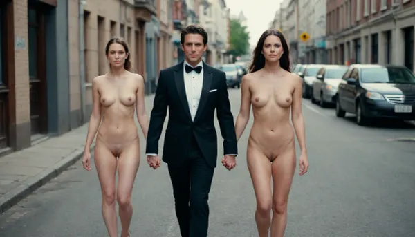 man and woman are walking hand in hand on the street. Man in dressed in very fine tuxedo suit and woman is totally naked