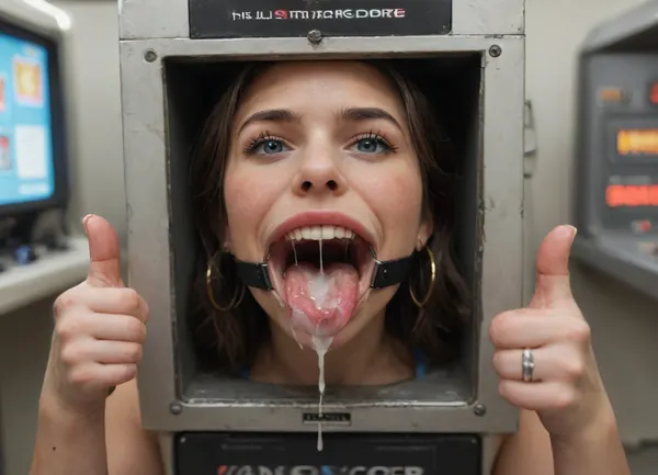 (woman is stuck with her hips in a round hole with metal rim in an arcade machine), (wide smile, obsessive:1.3), (her arms are fixated in machine, she shows thumbs up:1.5), (score_9, score_8_up, score_7_up, UHD 8K, masterpiece, best quality, maximum details, natural light, extreme realism, cinematic still), (very happy), (her hands are protruding from holes:1.3), (stuck in hole with metal rim), (wide mouth spreader ring gag, gaping mouth:1.5), (leaning forward), (box is low mounted, close to floor), (huge penis), (she stares at erect penis in front of her face:1.3), (cum on her face, bukkake:1.3)