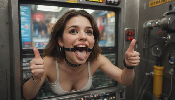 (woman is stuck with her hips in a round hole with metal rim in an arcade machine on a busy street, wearing a mouth spreader), (wide metal box), (her arms are fully stretched out to the sides), (arms restrained in contraption:1.2), (wide angle, full machine in picture:1.1), (bustling street, passersby:1.3), (wide smile, obsessive:1.3), (her arms are fixated in machine, she shows thumbs up:1.5), (score_9, score_8_up, score_7_up, UHD 8K, masterpiece, best quality, maximum details, natural light, extreme realism, cinematic still), (very happy), (her hands are protruding from holes:1.3), (stuck in hole with metal rim), (wide mouth spreader ring gag, gaping mouth:1.5), (leaning forward), (huge penis), (she stares at erect penis in front of her face:1.3), (cum on her face, bukkake:1.3)