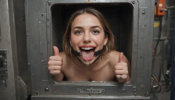 (woman is stuck with her hips in a round hole with metal rim in an arcade machine on a busy street, wearing a mouth spreader), (stuck in round hole with metal rim:1.1), (wide metal box), (her arms are fully stretched out to the sides), (arms restrained in contraption:1.2), (wide angle, full machine in picture:1.1), (bustling street, passersby:1.3), (wide smile, obsessive:1.3), (her arms are fixated in machine, she shows thumbs up:1.5), (score_9, score_8_up, score_7_up, UHD 8K, masterpiece, best quality, maximum details:1.2), natural light, extreme realism, cinematic still, (very happy), (her hands are protruding from holes:1.3), (stuck in hole with metal rim), (wide mouth spreader ring gag, gaping mouth:1.7), (leaning forward), (huge penis), (she stares at erect penis in front of her face:1.3), (cum on her face, bukkake:1.3)