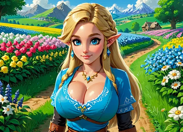 The image is a drawing of a character from the The Legend of Zelda. franchise named Zelda. She is depicted as a young woman with medium, flowing blonde hair and blue eyes. She is wearing a blue shirt and brown leather pants. She is also wearing small earings. Rosalina is standing in front of a green field with many flowers. She is looking at the viewer with a gentle smile on her face. The image is drawn in a realistic style, and the colors are light and warm., huge, breasts, massive, <lora:dalle3-v1-full:.5>, <lora:ThePitXL:.5>, <lora:SDXL_MassiveCowsLoRA_v1:.5>, massive cleavage