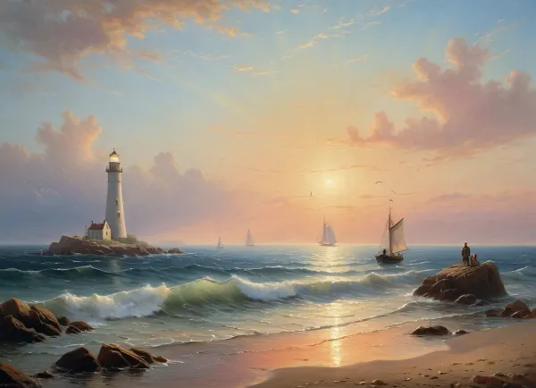 The painting is in the style of the Russian artist Ivan Konstantinovich Aivazovsky.The painting depicts a quiet summer evening.The sea is calm. The lightest ripples run across the calm surface of the sea. Sailing boats and fishing boats glide along it.Fluffy clouds float across the transparent azure sky, which appear pale pink under the rays of the setting sun. With short and light strokes, the author depicted a transparent mist floating in the humid air. In the distance, in the misty haze, the outlines of the rocks are visible.Seagulls are flying low over the water. The painting exudes silence, tranquility and peace. An important element of the painting is the dark lighthouse tower. The lighthouse symbolizes hope and salvation. The lighthouse shows the sailors the way to their native shore, warns of shoals. The painting is dominated by calm light shades. The viewer, looking at the canvas, clearly feels like he is standing not in an art gallery, but on the shore of a sea strait, admiring a beautiful and quiet summer evening.