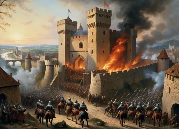 masterpiece, full color image, 8K quality, epic oil painting, The painting depicts the moment of the beginning of the storming of a medieval fortress in the early morning. Soldiers in steel armor and helmets climb ladders on high walls, from above the besieged shoot at them with bows and crossbows, pierce them with spears, pour tar, the fierceness of the assault is shown, the towers and walls of the flaming medieval fortress are visible. In general, the painter displayed many details, for example, smoke and fire covering the entire space of the painting, and the boredom of the advancing troops, he managed to convey the entire character of one of the fierce and heroic events of the war.