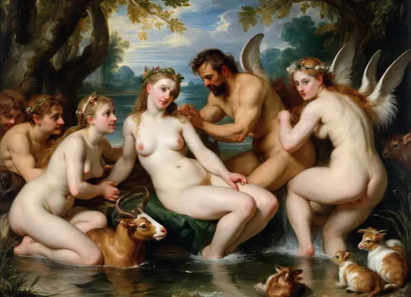 (Peter Paul Rubens Style:1.5), masterpiece, full color image, 8K quality, epic oil painting, "Nymphs and Satyr", in the style of artist William Bouguereau, The painting depicts a group of nymphs who, bathing naked in a secluded pond, discovered a voluptuous satyr peeping at them. Surrounding him from all sides, they drag the satyr, who is resting his hooves into the water.
Recognizing the high quality of Bouguereau's academic style, critics noted the "aristocratic seductiveness" of the nymphs after the painting appeared. One of the critics wrote that they
... lovely, slender and elegant, like Parisian ladies of high society… I'd say they're too adorable. It seems that they have just left the beauty salon, and Atlasthe incredible tenderness of their skin could only be achieved through regular bathing in almond milk.In Greek and Roman legends, satyrs and their doppelgangers-fauns, sylvanas, Silenus, and pan-appeared most often as pranksters, buffoons, cowards, drunkards, sensualists, deceivers, and libertines. In the Christian tradition, they began to be associated with the devil. Satyrs are the constant companions of dryads. They represent a group of forest deities, fertility demons, always cheerful, full of strength. These goat-footed creatures inhabited the Greek islands in great numbers., <lora:Peter Paul Rubens Style:1.3>