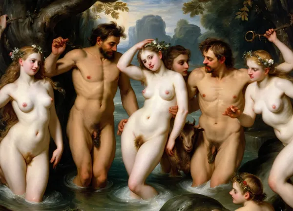 (Peter Paul Rubens Style:1.5), masterpiece, full color image, 8K quality, epic oil painting, "Nymphs and Satyr", in the style of artist William Bouguereau, The painting depicts a group of nymphs who, bathing naked in a secluded pond, discovered a voluptuous satyr peeping at them. Surrounding him from all sides, they drag the satyr, who is resting his hooves into the water.
Recognizing the high quality of Bouguereau's academic style, critics noted the "aristocratic seductiveness" of the nymphs after the painting appeared. One of the critics wrote that they
... lovely, slender and elegant, like Parisian ladies of high society… I'd say they're too adorable. It seems that they have just left the beauty salon, and Atlasthe incredible tenderness of their skin could only be achieved through regular bathing in almond milk.In Greek and Roman legends, satyrs and their doppelgangers-fauns, sylvanas, Silenus, and pan-appeared most often as pranksters, buffoons, cowards, drunkards, sensualists, deceivers, and libertines. In the Christian tradition, they began to be associated with the devil. Satyrs are the constant companions of dryads. They represent a group of forest deities, fertility demons, always cheerful, full of strength. These goat-footed creatures inhabited the Greek islands in great numbers., <lora:Peter Paul Rubens Style:1.3>
