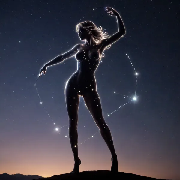 night sky. A strip of the horizon is visible, The transparent silhouette of a dancing sexy Goddess of Love is made up of stars. She is a constellation in the sky. The constellation shines much brighter than all the others.

A mysterious naked transluent silhouette of a sexy woman made of starlight, ((a transparent silhouette of a sexy woman made out of constellation style and signs with stars)), hold in hand moon, <lora:c0nst3llation:1.2>
