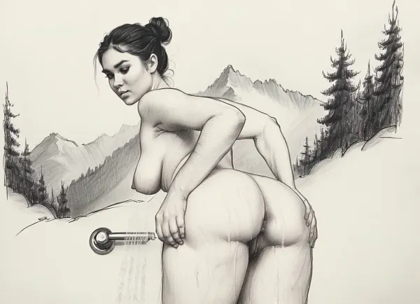 score_9, score_8_up, score_7_up, A detailed black and white pencil drawing with clean lines and meticulous shading, sketch of a nude woman with hair pulled into a bun on top of her head, she taking a shower outdoors, view of the mountains and forest, soft features, and a serene expression. She is lathering soap on her breasts with both hands, her trimmed, hairy pussy in full view. The drawing should have delicate shading and intricate details, capturing the essence of the subject with fine pencil strokes, background is be simple, allowing the focus to remain on the portrait itself, drawing, by, NTY, v0ng44g, sk3tch, .8>, sexy, 34d tits, saggy tits, large dark areolas, thick waist, wide hips, big ass, fat thighs, hairy pussy, 4, puffy, nipples, dark, ghost, wide, woman, <lora:sketch_it:1>, <lora:Nipples XL:.2>, <lora:finenude_v0_2a:.8>