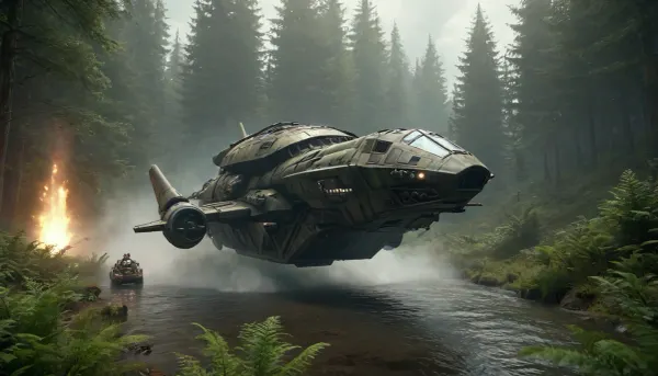 combat big combat and transport vehicle equipped with twin trucks hover seeing action on Fern., More Fern content can be found on my Fern Landscape., Hovering_, Hover_, Landscape, Render, water, color, mgt2e, spaceship, <lora:JJsLandscape_Render_XL:.8>, <lora:630414_training_data:1.4>, s3r3n1ty, <lora:s3r3n1ty_SDXL_v1_32-000031:.8>