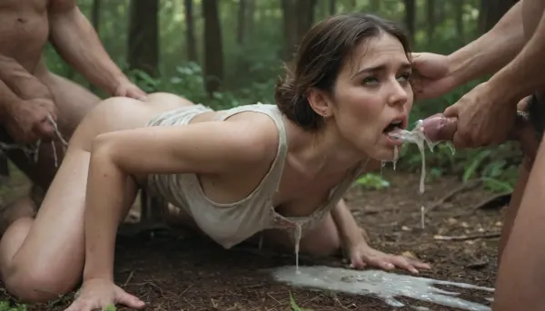 Short 60yo brunette woman, granny, saggy 32D tits, gang rape, forced penetration, excessive cum, exhausted, ripped clothes, dirty forest