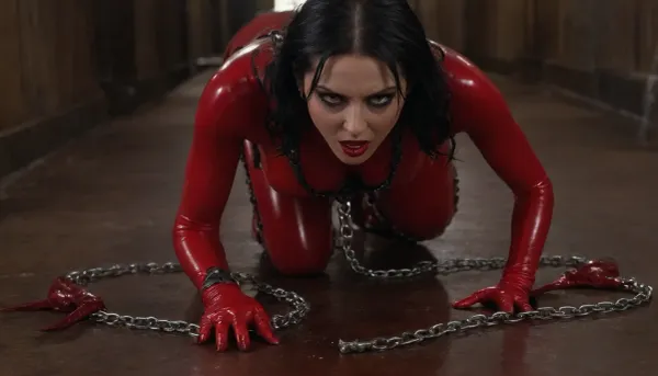 hyper photorealistic masterpiece, maximum quality, maximum details, maximum realism, LS, long shot, (hell:1.8), (black pubic hair), (black hair, athletic woman, laying on stomach), crying, screaming, (wrists held by chains, ankles by chains, ankles shackled, spreader bar), (wrists shackled behind back:1.3), red stiletto high heel boots, (black latex harness, black latex stockings, black latex gloves), (Translucent clear red latex bodysuit), cum on pussy, cum on ass, (realistic anus, realistic vagina), ((slimy red monster, knot, demon:1.1), (anal:1.8)), NEGATIVE_HANDS, detailxl