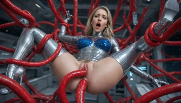 hyper photorealistic masterpiece, maximum quality, maximum details, maximum realism, (spaceship:1.7), (blonde hair, pubic hair), (Mature woman), Silver latex mask, (suspended, bdsm, wrists held by tentacles, ankles held by red tentacles), (silver high heel boots, silver harness), (metallic blue latex catsuit:1.4), metallic silver latex stockings, metallic silver latex gloves, (realistic anus, realistic vagina), (screaming, crying, shocked), (cum on pussy, cum on ass, cum on legs, cum on breast:.9), (Red tentacle monster:1.5), (huge red penis tentacle, vaginal, anal:1.3), pImgFixerPre0.3, detailxl, NEGATIVE_HANDS, <lora:Innovative_Makeup:2>