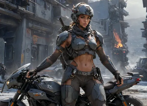 37 year old, skin tanned, athletic body, lots of freckles on her face and skin, very hard blush and nose, small breasts, a sexy muscular, beautiful, tanned, with a perfect face, detailed face, (detailed hair, light hairstyle:1.1), (shiny body, realistic sweat:1.1), muscular, athletic, clean and textured skin, perfect body, goosebumps, detailed, slim, thin waist, futuristic uniform Troopers, mask, combat harnesses, combat belt, bare thigh, leg guard, elbow guard, gauntlet, gray hoodies, armor, shorts, crop top, with a Cyber Rifle, helm, hood, neotech, glowing, scifi, white, black winter, incredibly detailed photo sunbeam, sunrise, hard, ((blushing)), lots of details, three-dimensional, epic, sharp focus, toned, full view, 70mm lens, aesthetic, symmetrical ., woman, tanktop, winter gray, black camouflage light armor, pants, full face helmet, short, hair, equipment, lasgun, Cyber Rifle, ((girl is riding a Motorcycle)), tribal tattoo, wkas, hover_bike, <lora:Mecha_Ggorgeous_Armor-000011:2>, <lora:lasgunXLLoRAv1:.1>, <lora:wkas:.1>, <lora:Hover_Bike:2>, <lora:Rendered Environments  SDXL v1.0:2>