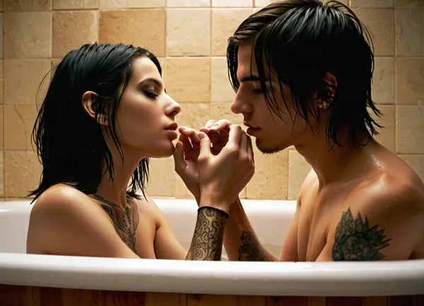 naked 18+ year old emo boy and 18+ year old emo girl sitting face to face in a bathtub, boy pinches girl's nipple, boy grabs girl's tit, symmetrical setting, face to face, dark bathroom, sexy, horny, emo, tattoos, gothic, bdsm, grabbing, pinching, realistic, sharp focus, 8k high definition, insanely detailed, intricate, elegant