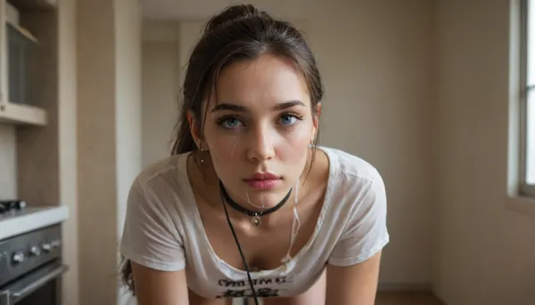 Beautiful 27 years old American-Italian brunette, very pretty and elegant, wearing a BDSM collar as a choke and led by a leash, black choker, leash held by husband, she is wearing an old oversized shirt that is torn, blouse, slipping nipple, detailed beige skin tone, round E size tits, alone, earrings, jewelry, front view, facing forward, round lips painted fiery red, athletic body with sexy legs, round blue eyes, detailed high ponytail hairstyle, roman nose, cock hanging from her cheek, she is looking up, cum on face, cum on neck, cum on lips, wet body, wet hair, perfect fingers and hands, on all fours in a big kitchen, detailed background, <lora:580159_training_data:1>, <lora:282890_training_data:.5>