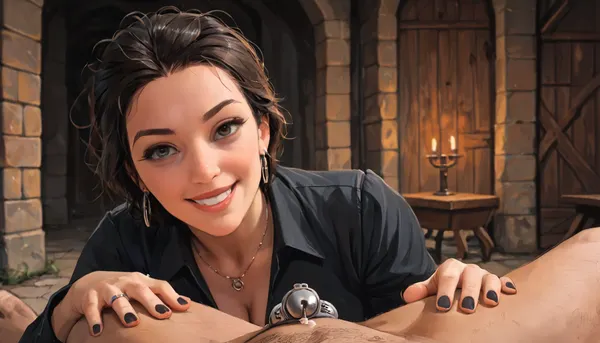 Bella, ruel mistress, 40 years old, beautiful face, (milf:1.4), (black:1.5), (short hair), messy hair, long sharp, (black nails:1.3), (wide silver wedding ring), realistic skin texture, (natural dark-drown eyes:1.3), (clear face), teas a man, smirk, grin, cruel mistress, femdom, Penis is locked in chastity cage, Pov, she touch locked penis, (chastity cage:1.3), (locked penis), (flaccid penis:1.3), (flat chastity cage:1.3), (negative chastity cage:1.3), (precum:1.4), (metal chastity cage:1.2), rods, mesh, small chastity cage, clothed, medieval outfit


medieval castle room, best lighting, lighting is warm, soft, diffused, ultra-detailed, 8K, cinematic daylight, soft colors, photorealistic oil painting, non-glossy skin, (j_cartoon:1.4), masterpiece, score_9, score_8_up, score_7_up, score_6_up, best quality, digital, (j_cartoon:1.5), Drawing, ohwx, <lora:samdoesarts1.1-000030:.4>, <lora:J_cartoon:.3>, <lora:Animated_Concept:.4>, <lora:scarlet_lora_sdxl_v3-000008:1.6>, NEGATIVE_HANDS, <lora:681678_training_data:.8>