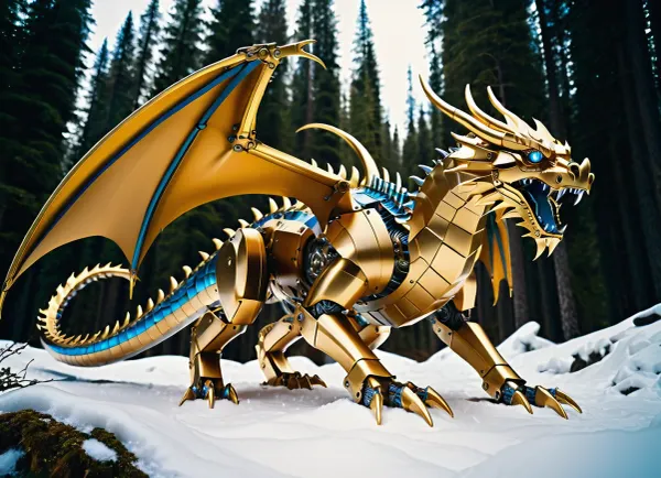 Mechanical dragon made of metal and gold with blue eyes, crouched on its paws, in a snowy mountainous forest area. Cyberpunk, futuristic art. Bright daylight. Close-up, wide-angle shot. Detailed elaboration, atmospheric, bright colors, photorealistic.