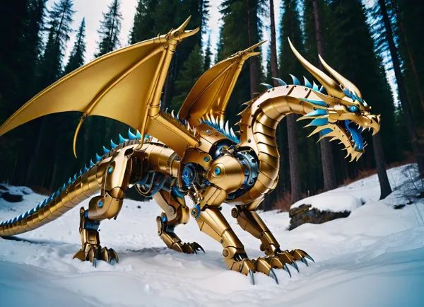 Mechanical dragon made of metal and gold with blue eyes, crouched on its paws, in a snowy mountainous forest area. Cyberpunk, futuristic art. Bright daylight. Close-up, wide-angle shot. Detailed elaboration, atmospheric, bright colors, photorealistic.