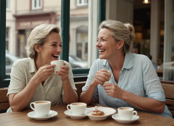 Two mature friends sit at a window in a café, drinking coffee and eating cream cake, chatting and enjoying the view, dressed in light summer clothes, laughing.