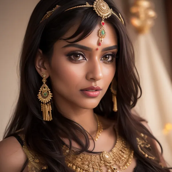 Close up, ((one woman)), ultra realistic, 30 year old indian woman with elegant gold traditional indian facial jewellry and head dress. black satin Bra, bra fuck and cum, small petite slim woman, ((high detailed skin)), ((34c breasts)), 32k uhd, dslr, (highly detailed long flowing wavy hair), highly detailed body, (realistic), insanely detailed, highest quality, horny expression, (looking at viewer), realcumAI, edgJBG_woman, edgJBG_face, edgJBG_body, <lora:edgBondDollLikenessv1:1.9>