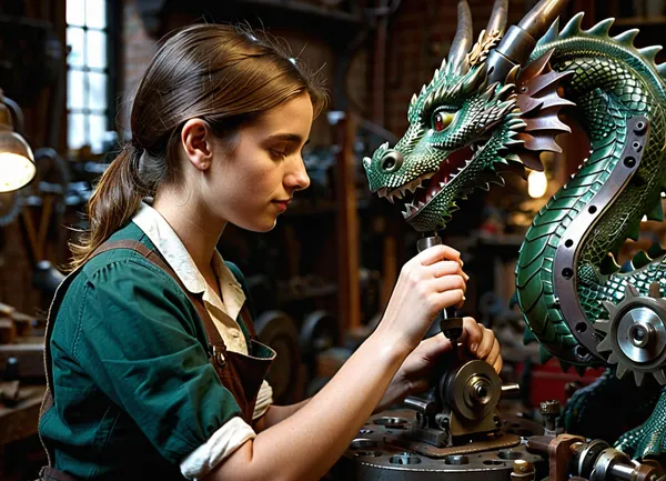 Masterpiece, detailed, high resolution, 8K, extremely detailed, (photorealistic:1.2), (Victorian style work), (((young female craftsman fixing gears in mechanical dragon in workshop))), profile view.
