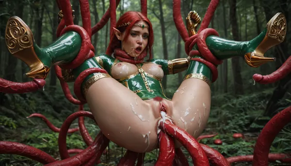 hyper photorealistic masterpiece, maximum quality, maximum details, maximum realism, score_9, score_8_up, (forest), (red hair, pubic hair), (small breast, petite, elf), (suspended, wrists held by tentacles, ankles held by tentacles), (gold high heel boots, gold harness, gold circlet), (metallic green latex catsuit:1.1), (metallic gold latex stockings, metallic gold latex gloves), (realistic anus, realistic vagina), (choking on tentacle, tentacles squeezing breast), (cum on pussy, cum on ass, cum on legs, cum on breast, cum on face), (Red thick tentacles:1.5), (vaginal, anal, deepthroat), pImgFixerPre0.3, peopleneg