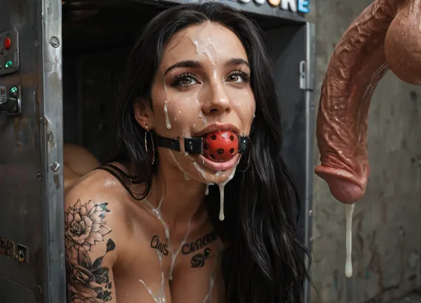 Extreme realism, high definition, 4K, (dirty mature brunette woman is stuck with her hips in a round hole with metal rim in an arcade machine on a busy street, wearing a ball gag), (she shows thumbs up:1.3), (very long black hair:1.4), (covered in tattoos:1.4), (straight hair, perfect perky breasts, nipple rings), (oiled skin:1.2), (stuck in round hole with metal rim:1.1), (wide metal box), (arms restrained in contraption:1.4), (wide angle, full machine in picture:1.1), (bustling street, passersby:1.3), (mouth closed, smiling, brown eyes, obsessive:1.5), (her arms are fixated in machine:1.5), (score_9, score_8_up, score_7_up, UHD 8K, masterpiece, best quality, maximum details, long distance shot:1.2), natural light, extreme realism, cinematic still, (very happy:1.3), (her hands are protruding from holes:1.3), (stuck in hole with metal rim), (ball gag, mouth closed:1.5), (leaning forward), (huge penis), (she stares at erect penis in front of her face:1.3), (a lot of cum on her face, bukkake:1.5), (((black hair))), (((very long hair))), (gorgeous face:1.3)
