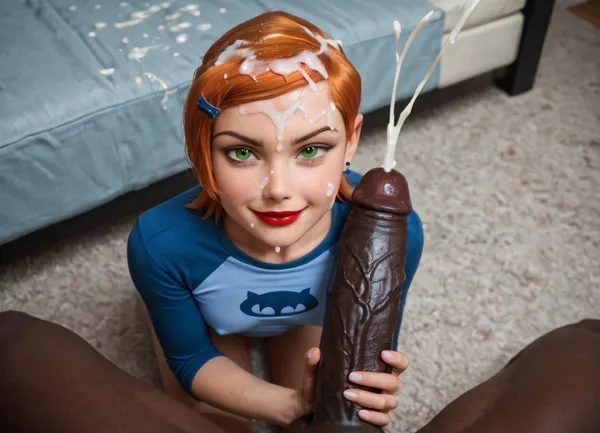 score_9, score_8_up, score_7_up, score_6_up, 1woman, from above male pov, interracial, handjob sex giant black cock, huge size difference, short slut, orange hair, (gloss red lipstick:1.2), excited closed mouth smile, (excessive cum:1.3), (cum on hair:1.2), clothed, (flatchested covered huge erect nipple), gwen, tennyson, (/Ben10), /, (ultra, HD, quality, details), bright, orange, hair, short, (green, eyes), <lora:Gwen Tennyson (Ben10) - XL SCXL V1.0:.8>