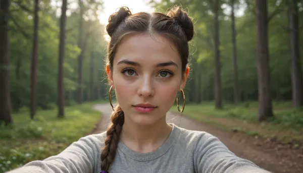 (blurred tree in the front of the camera:1.1), woman, (grey sweater:1.15), bottomless, black boots, hazel eyes, brunette braided hair, two hair buns, rounded breast, rounded ass, trimmed pubic hair, break, shiny skin, perky nipples, sultry, selfie, hoop earrings, (behind a tree:1.3), forest, (sunlight filtering through forest roof:1.2), (sunset), (beautiful forest landscape), northern rainforests, cinematic composition, shallow depth of field, creamy background blur, soft bokeh, subject in sharp focus, low light photography, cinematic look, blurred background, portrait lens effect, soft and dreamy atmosphere, foreground and background separation, wide aperture lens effect, front view