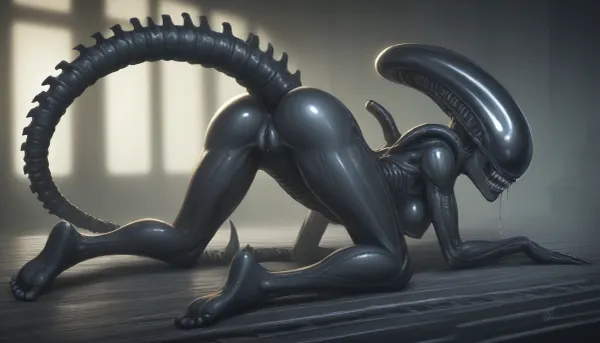 solo Close up of sensual stunning female xenomorph ass View from waist down, bent forward, ass up, Sensual, erotic, female xenomorph body, female xenomorph exaggeratedly swollen pussy, extreme pussy cameltoe, overflowing female xenomorph pussy, female xenomorph black skin, female xenomorph legs, female xenomorph feet