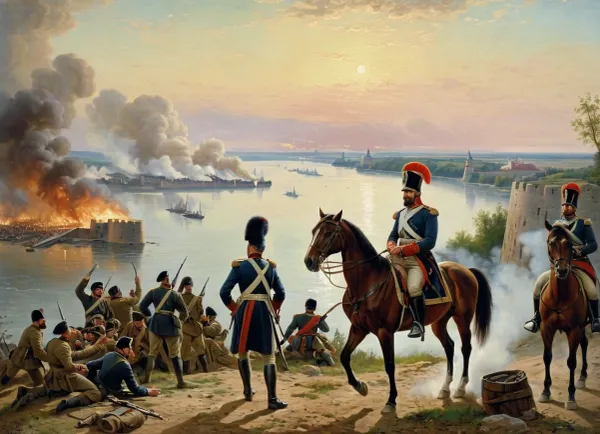 masterpiece, full color image, 8K quality, oil painting by a Russian artist, The painting depicts the very moment of the beginning of the storming of the fortress in the early morning. On the right, in the foreground, there is a cannon, from which Russian gunners fire a signal shot to attack. A.V. Suvorov is shown on the left, sitting on his white horse Mishka, and M.I. Kutuzov is on his right hand. Next to them are Russian soldiers and officers storming the bastions and walls of the burning Turkish fortress of Izmail. On the right side of the painting is the Danube River, where you can see the outlines of the boats of the landing troops.