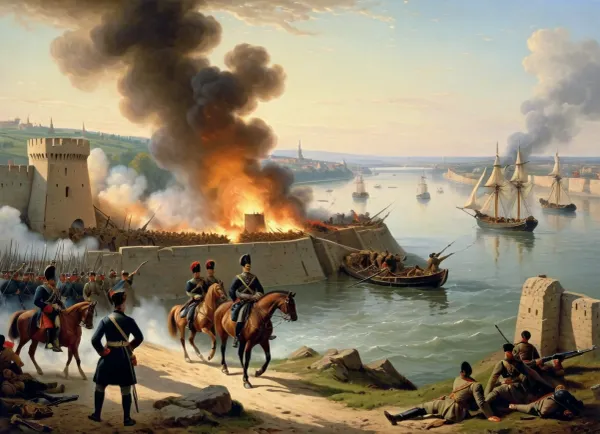 masterpiece, full color image, 8K quality, oil painting by a Russian artist, The painting depicts the very moment of the beginning of the storming of the fortress in the early morning. On the right, in the foreground, there is a cannon, from which Russian gunners fire a signal shot to attack. A.V. Suvorov is shown on the left, sitting on his white horse Mishka, and M.I. Kutuzov is on his right hand. Next to them are Russian soldiers and officers storming the bastions and walls of the burning Turkish fortress of Izmail. On the right side of the painting is the Danube River, where you can see the outlines of the boats of the landing troops.