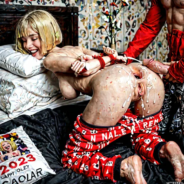 ((Messy black bed)), ((Insanely hot skinny blonde 22 year old college student)), face down ass up, biting pillow, eyes closed, ((on knees, ass up)), ((hands tied behind back)), ((large exposed perky tits)), ((bob cut blonde hair)), ((very happy expression)), ((topless)), happy expression, ((black and red Nebraska Cornhusker pulled down pajama pants)), small ass, perfect pussy, gaping ass, gaping pussy, handjob, ejeculation, cumshot, ((view from side)), visible clitoris and inners, Object, sex, large breast, happy, <lora:LCMTurboMix_Euler_A_fix:.8>