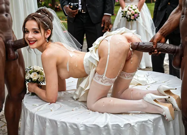 ((interracial)), ((Beautiful outdoor wedding banquet)), cute, pretty, beautiful youthful slim petite slender young bride at wedding party, smiling, realistic detailed flat small breasts, realistic detailed very tight pussy, very skinny, (girl:1.5), (little:1.5), brown hair, hairbun, conservative white wedding dress, garter belt and sheer white stockings, white high heels, red lipstick, (hands tied with duct tape:1.3), wedding bouquet, (bend over table), (anal fucked by man), huge cock, (3rd person), anal sex, (doggy-style anal sex), ((many men are lined up to fuck her next)), ((she is smiling)), ((she likes it)), rough anal sex, very deep anal penetration, hard fucking, outdoors, wedding guests watching, crowd, late afternoon, realistic detailed face, realistic detailed hair, realistic detailed body, realistic detailed skin, (More, Details), 4ng3l, face, detailxl, bukkake, cum, <lora:checkpoint-e100_s400:1.3>, <lora:add-detail-xl:1.5>, <lora:style_lora_realis:.5>, <lora:SDXL_BetterFaces-LoRA_v1:.8>, <lora:MS_Real_XL_Bukkake:.8>