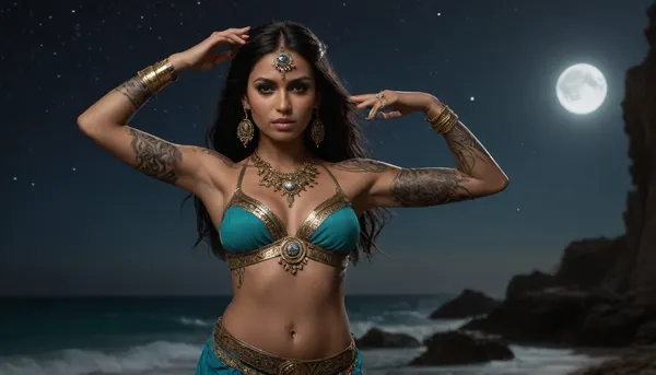 ((masterpiece)), (best quality), (highly detailed), ((illustration)), incredibly detailed, intricate, fantastical, portrait, {beautiful woman}, full shot, facing viewer, dark skin, long flowing black hair, (((intricate tribal tattoos on arms and shoulders))), belly dancer outfit, aqua and gold dress, ornate jewelry, necklace, earrings, armlets, headpiece, holding a dagger, sparkling water effects, water waves, (glowing water effects), (night sky), (starry sky), galactic background, nebula, distant moon, rocky shore, dramatic lighting, volumetric lighting, rim lighting, vibrant colors, fantasy art, digital painting, sharp focus, octane render, concept art, by artgerm and greg rutkowski and rebecca guay