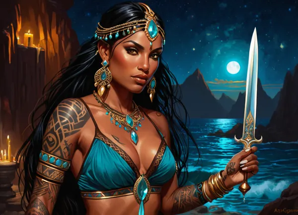 Modern colored pencil sketch {, ((masterpiece)), (best quality), (highly detailed), ((illustration)), incredibly detailed, intricate, fantastical, portrait, {beautiful woman}, full shot, facing viewer, dark skin, long flowing black hair, big perky bteasts, (((intricate tribal tattoos on arms and shoulders))), belly dancer transparent outfit, aqua and gold sexy dress, ornate jewelry, necklace, earrings, armlets, headpiece, (holding a dagger:1.5), sparkling water effects, water waves, (glowing water effects), (night sky), (starry sky), galactic background, nebula, distant moon, rocky shore, dramatic lighting, volumetric lighting, rim lighting, vibrant colors, fantasy art, digital painting, sharp focus, octane render, concept art, by artgerm and greg rutkowski and rebecca guay}. colored, contrast, tone, texture, details, stylish, elegant