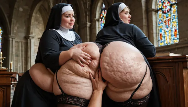lesbian couple-bbw Nuns, 60 years old, extreme fat, obese, cellulite, fat double chin face, overweight, bare breasts, lace underwear, stockings, garters, thick, mature, print nun dress, groping and fingering each other in the old church cunnilingus, 2girls, girl, grabbing hard in her fat ass from behind, <lora:Cunnilingus XL:.8>, semi rear view